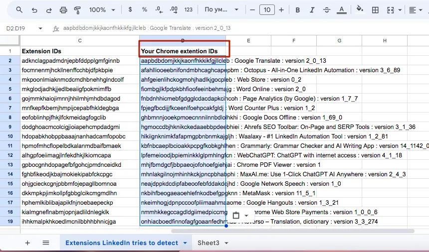 Google-Sheets-Screenshot mit IDs und Namen der Erweiterungen