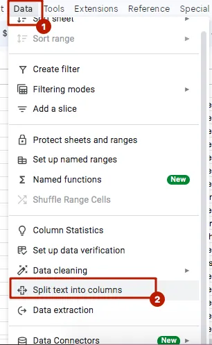 Google-Sheets-Screenshot mit einem Menü zum Trennen von IDs und Namen der Erweiterungen.