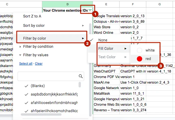 Google-Sheets-Screenshot mit einer Anleitung zum Filtern nach Farben. Bildunterschrift: