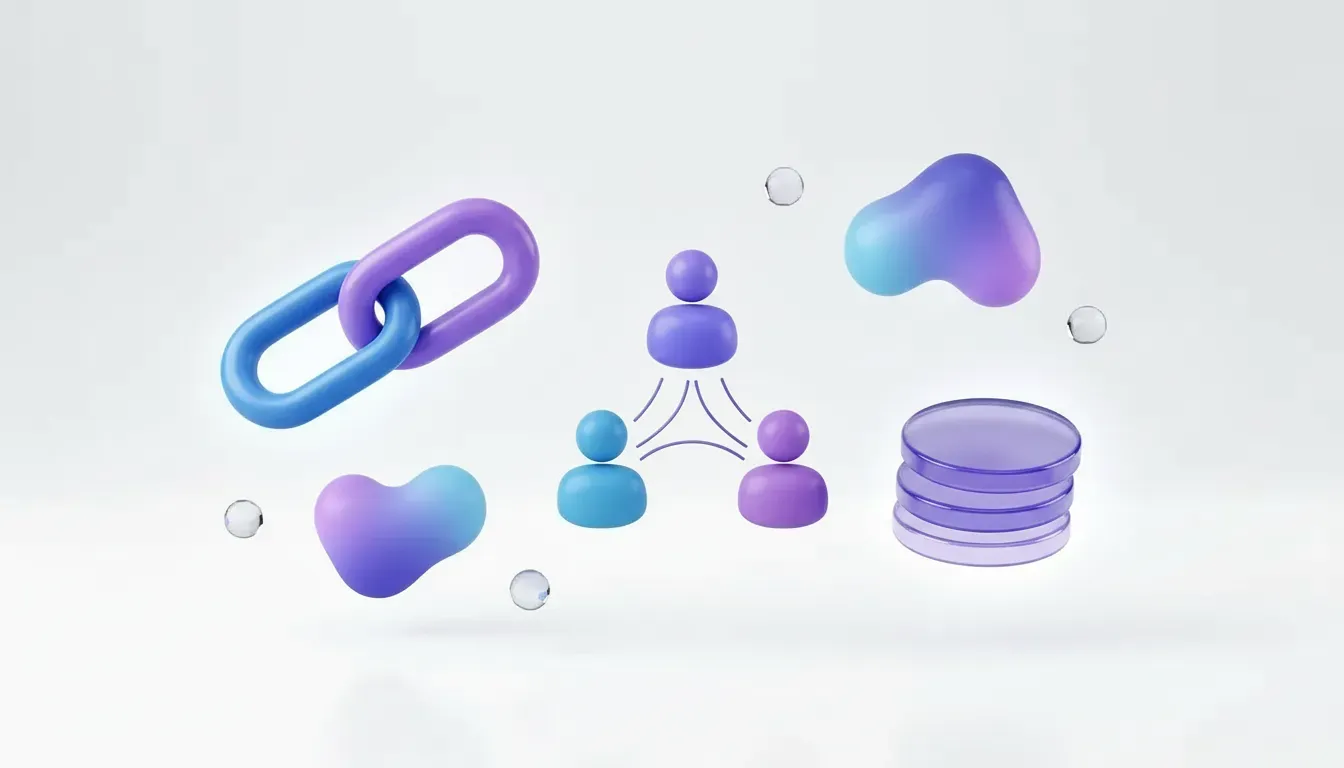 Floating blue and violet chain links, three connected partner figures and a stack of commission coins.