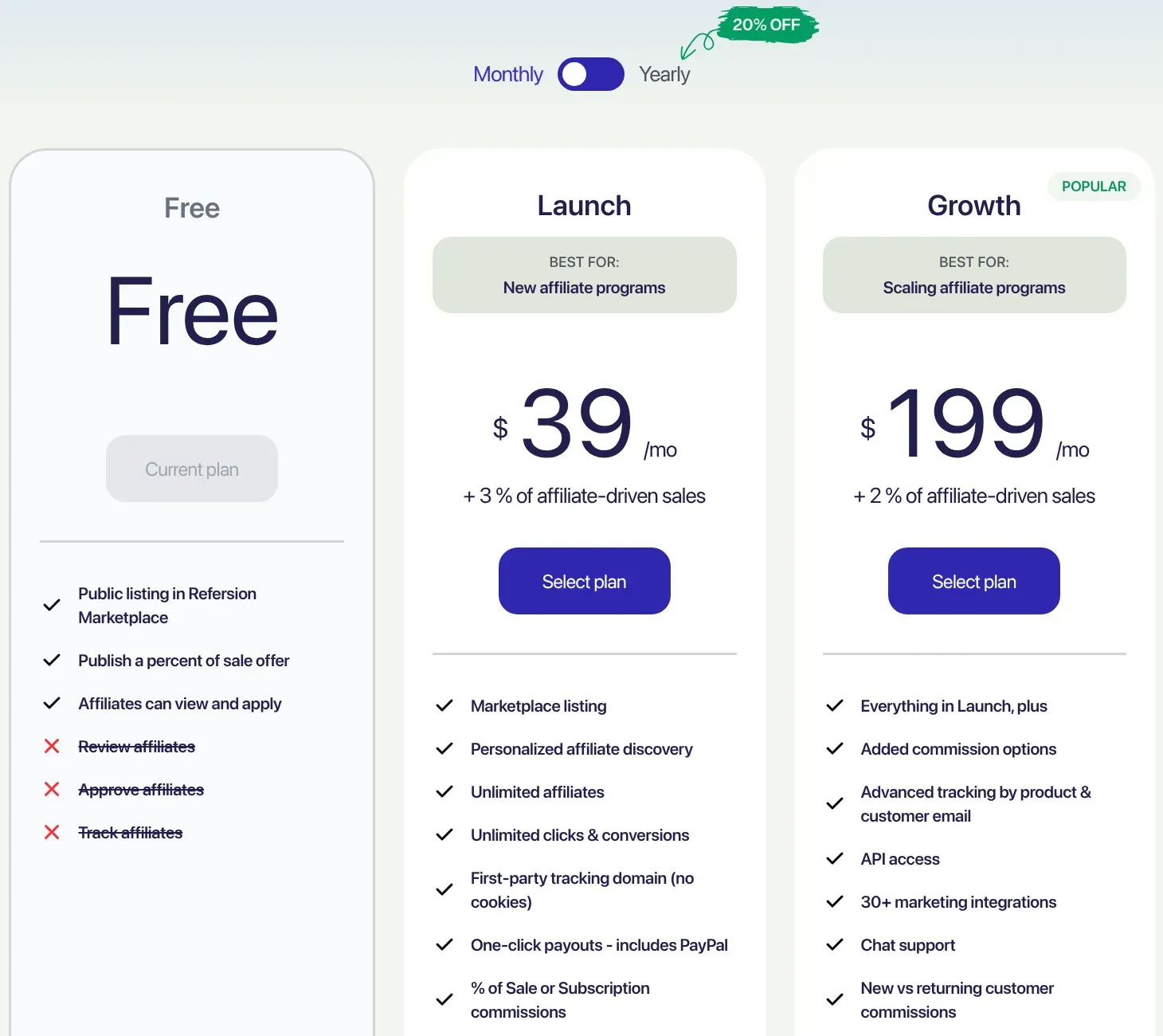 Refersion plan selector comparing Free, Launch at $39 per month and Growth at $199 per month.