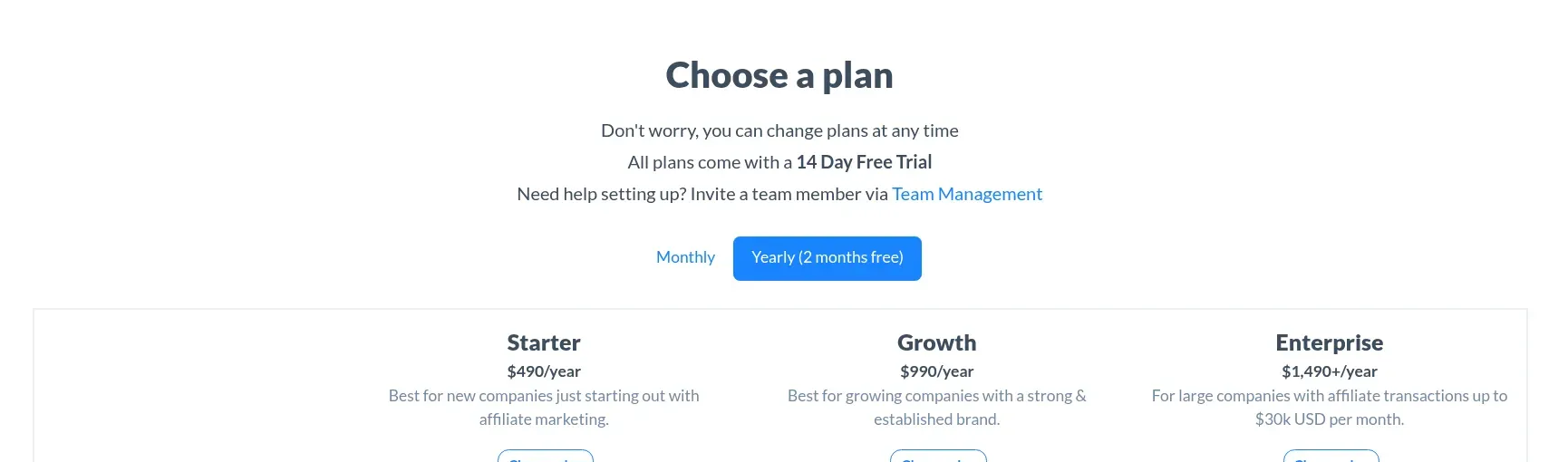 Rewardful yearly plan selector showing Starter at $490, Growth at $990 and Enterprise from $1,490 per year.