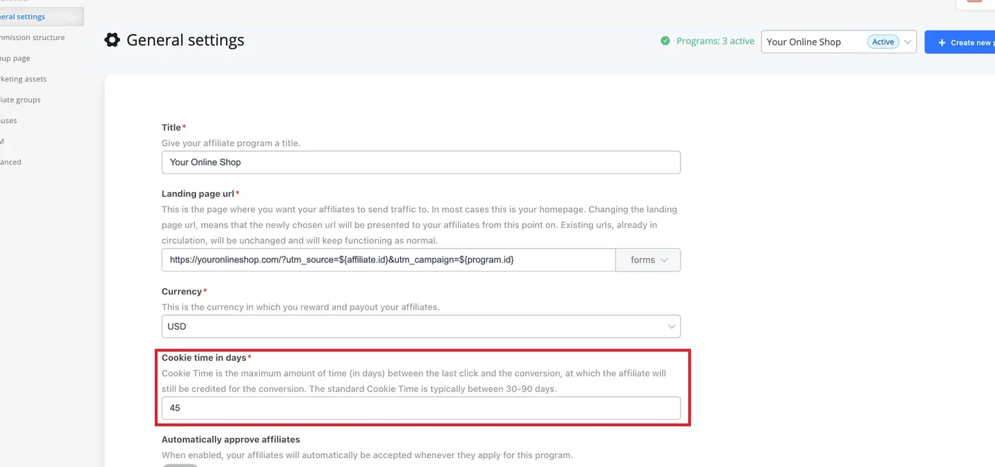 Tapfiliate general settings with the cookie-time referral window highlighted.