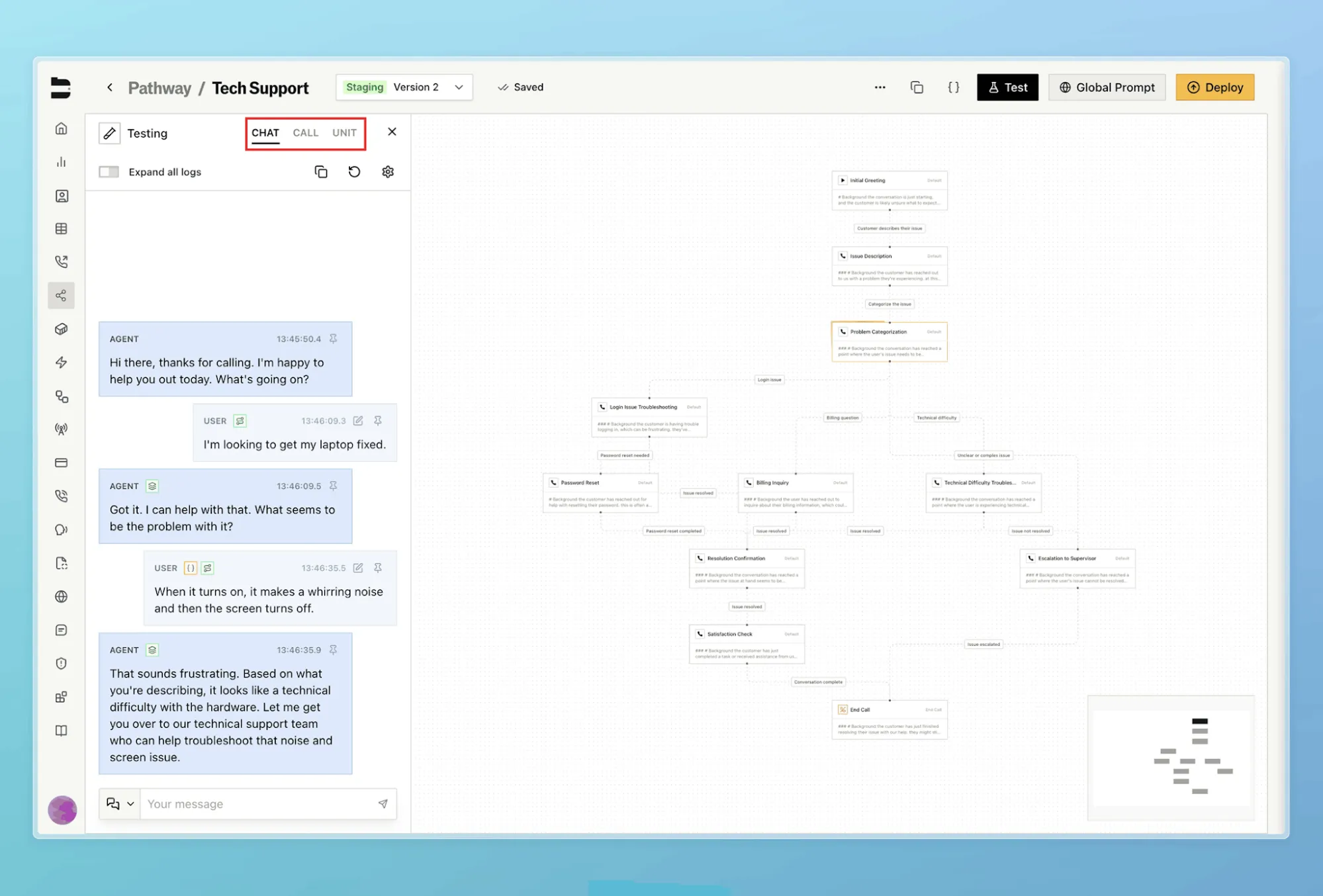 Editor de percursos da Bland AI com os modos de teste «Chat», «Call» e «Unit»