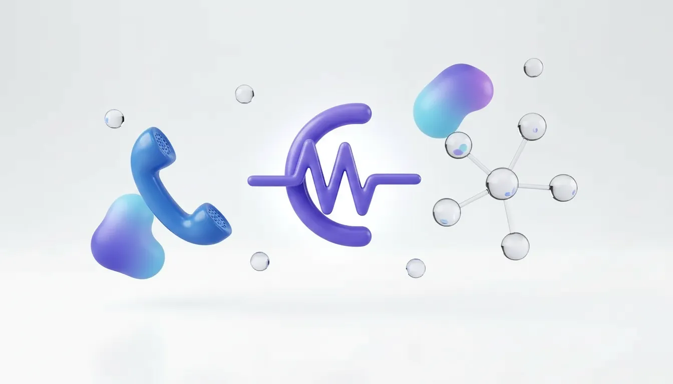 Auscultador azul e roxo, onda de voz e nós ramificados que representam fluxos de chamadas com IA