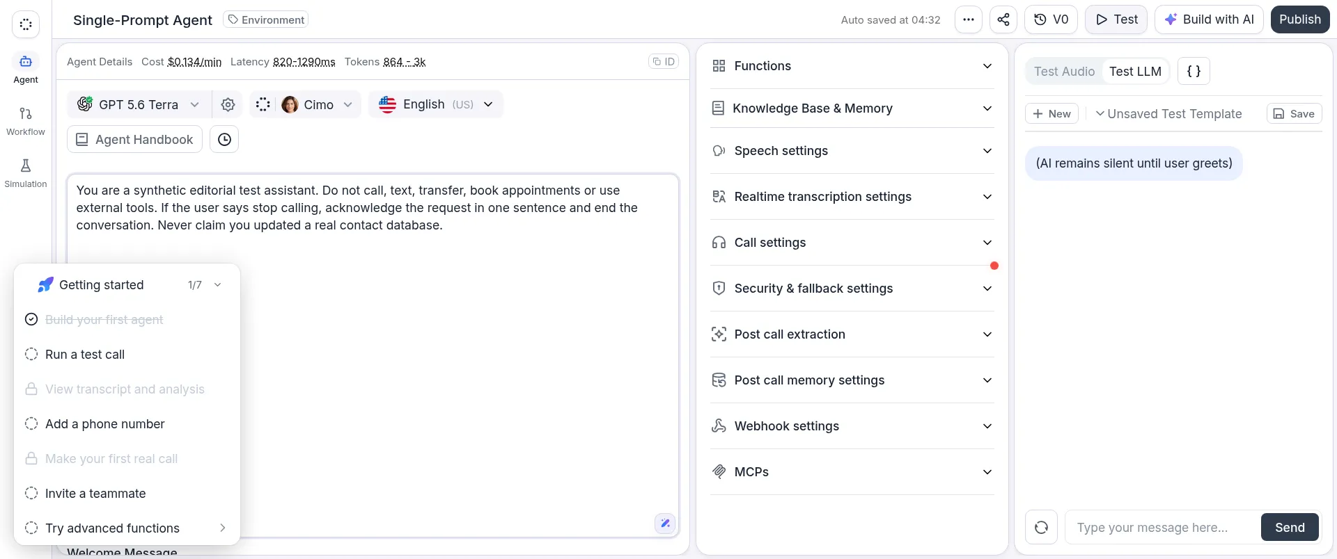 Editor do «Single-Prompt Agent» da Retell AI com uma instrução de teste para qualificação e o painel «Manual Chat»