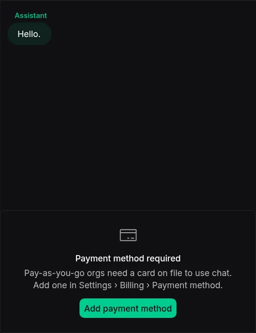 Painel «Chat» da Vapi com uma mensagem a indicar que é necessário um método de pagamento