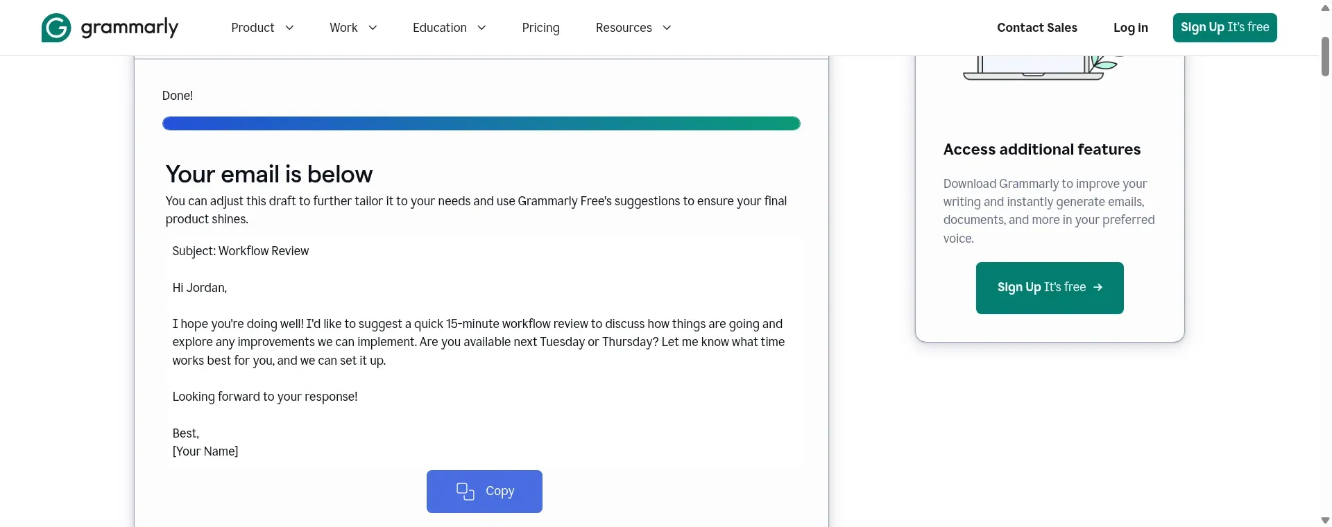 Grammarly email generator shows a workflow-review draft with two proposed meeting days