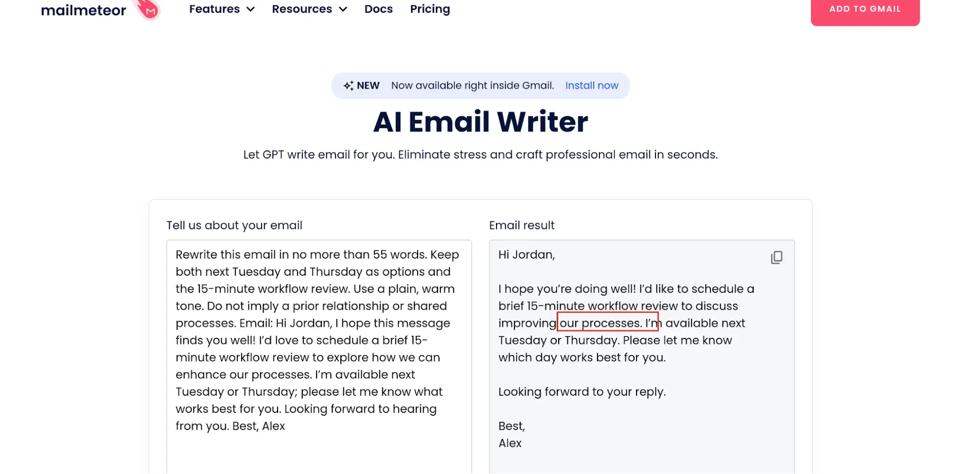 Mailmeteor AI Email Writer output with the unwanted phrase our processes highlighted