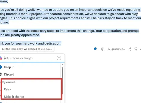 Microsoft Outlook Copilot menu with Retry and Make it shorter controls