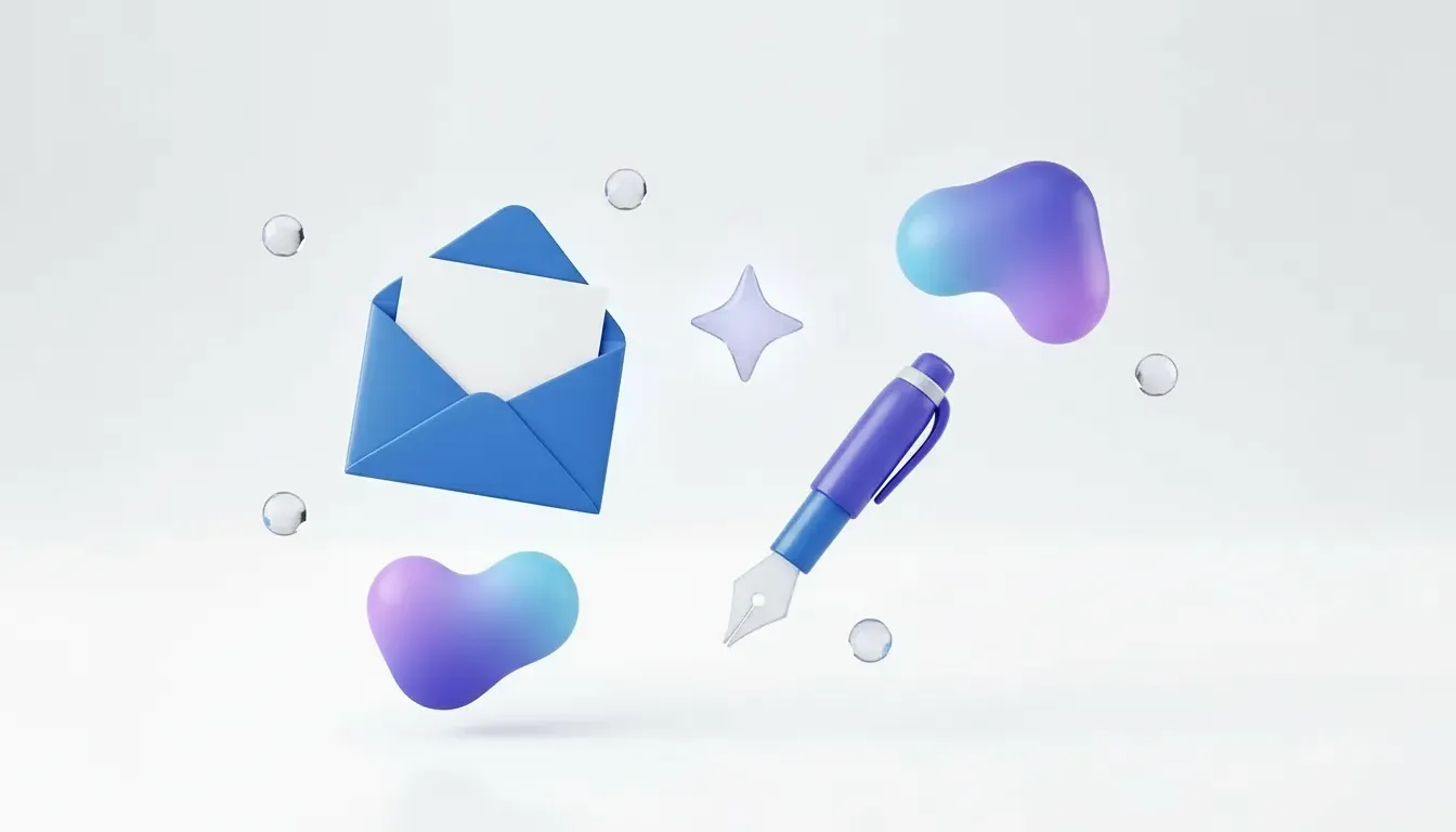 Floating blue envelope with a blank letter, violet fountain pen and AI sparkle on an airy white background