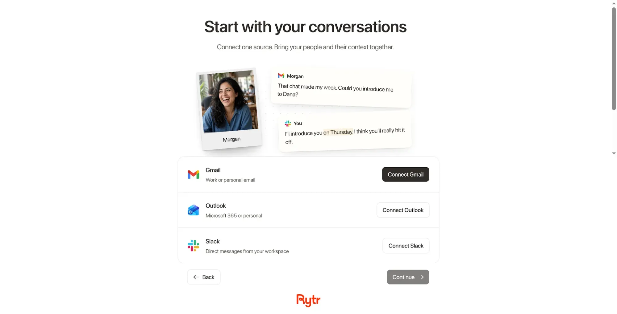 Rytr onboarding requires connecting Gmail, Outlook, or Slack before continuing