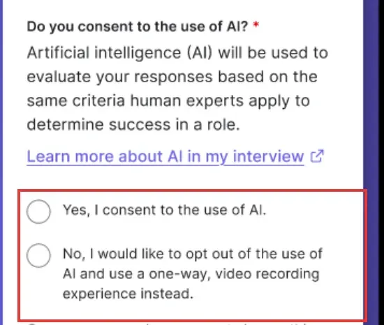 Pantalla de consentimiento para una entrevista con AI de HireVue con una opción para utilizar en su lugar un video unidireccional