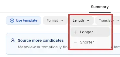 Notas de una entrevista de demo de Metaview con el menú «Length» y las opciones «Longer» y «Shorter»