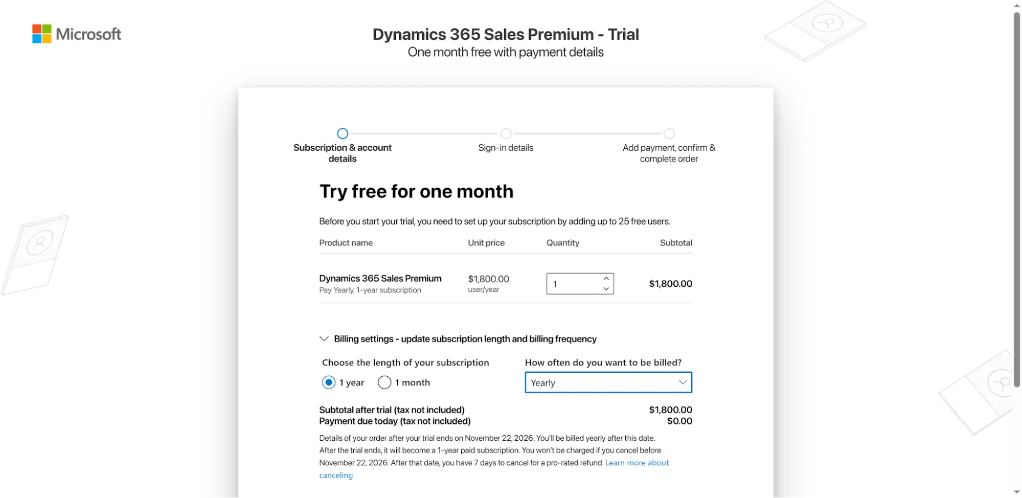 Formulaire d’essai de Dynamics 365 Sales Premium présentant la fréquence de paiement et la durée de l’abonnement.