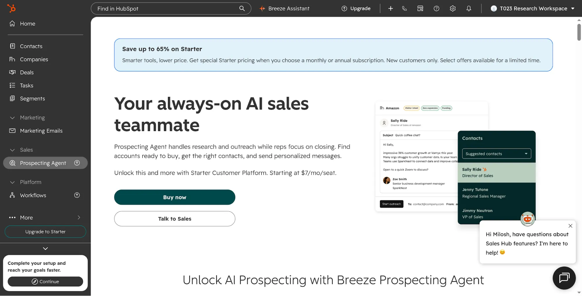 Écran de mise à niveau de HubSpot Breeze Prospecting Agent dans un espace de travail gratuit.