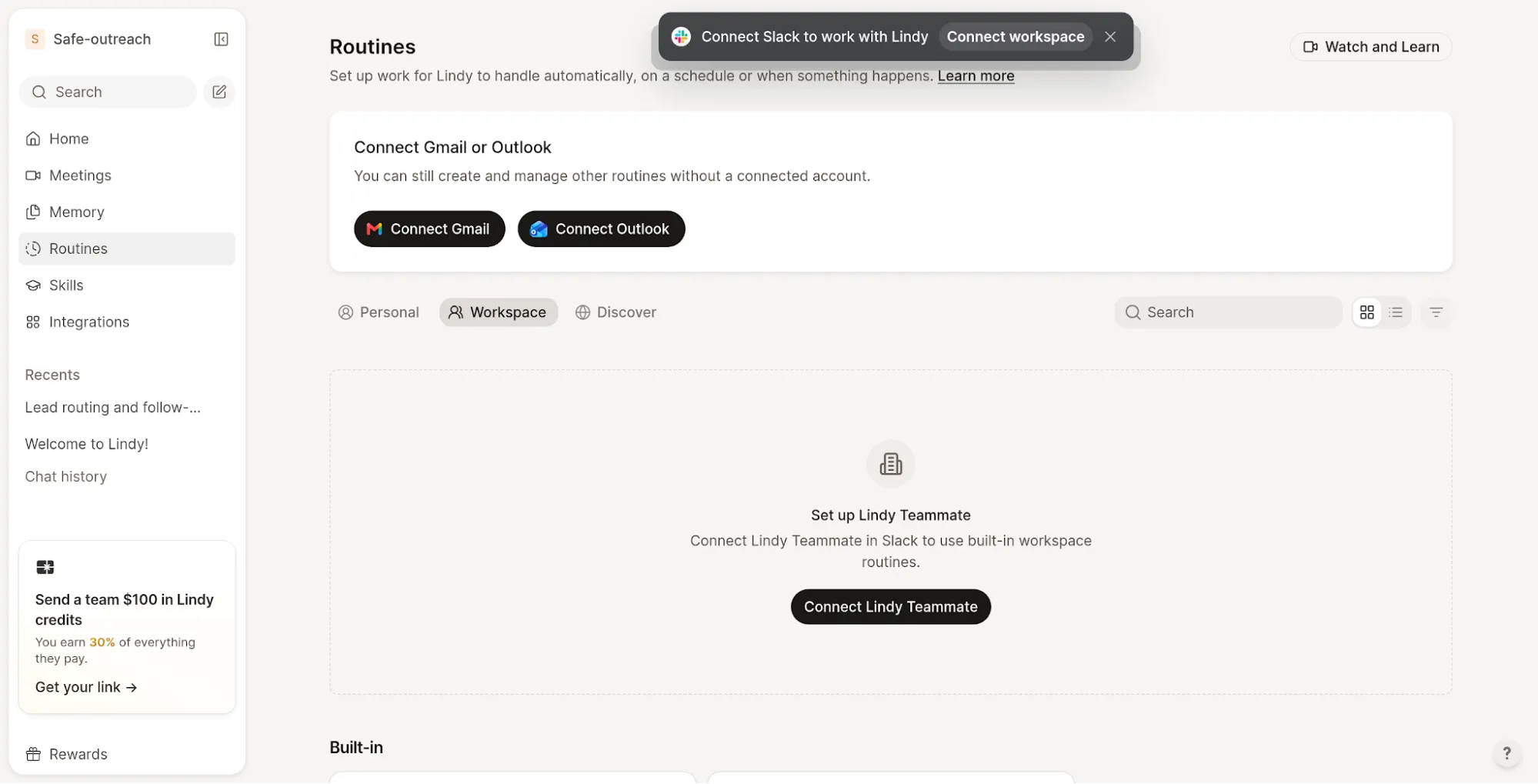 Écran des routines de l’espace de travail Lindy nécessitant une connexion à Lindy Teammate dans Slack.