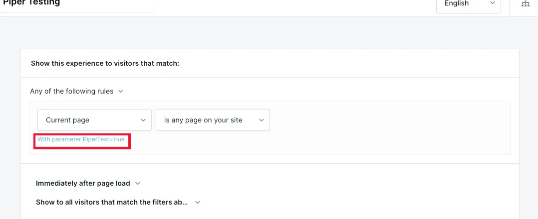 Outil de création d’expériences Qualified Piper avec son paramètre d’URL de test pour les visiteurs.