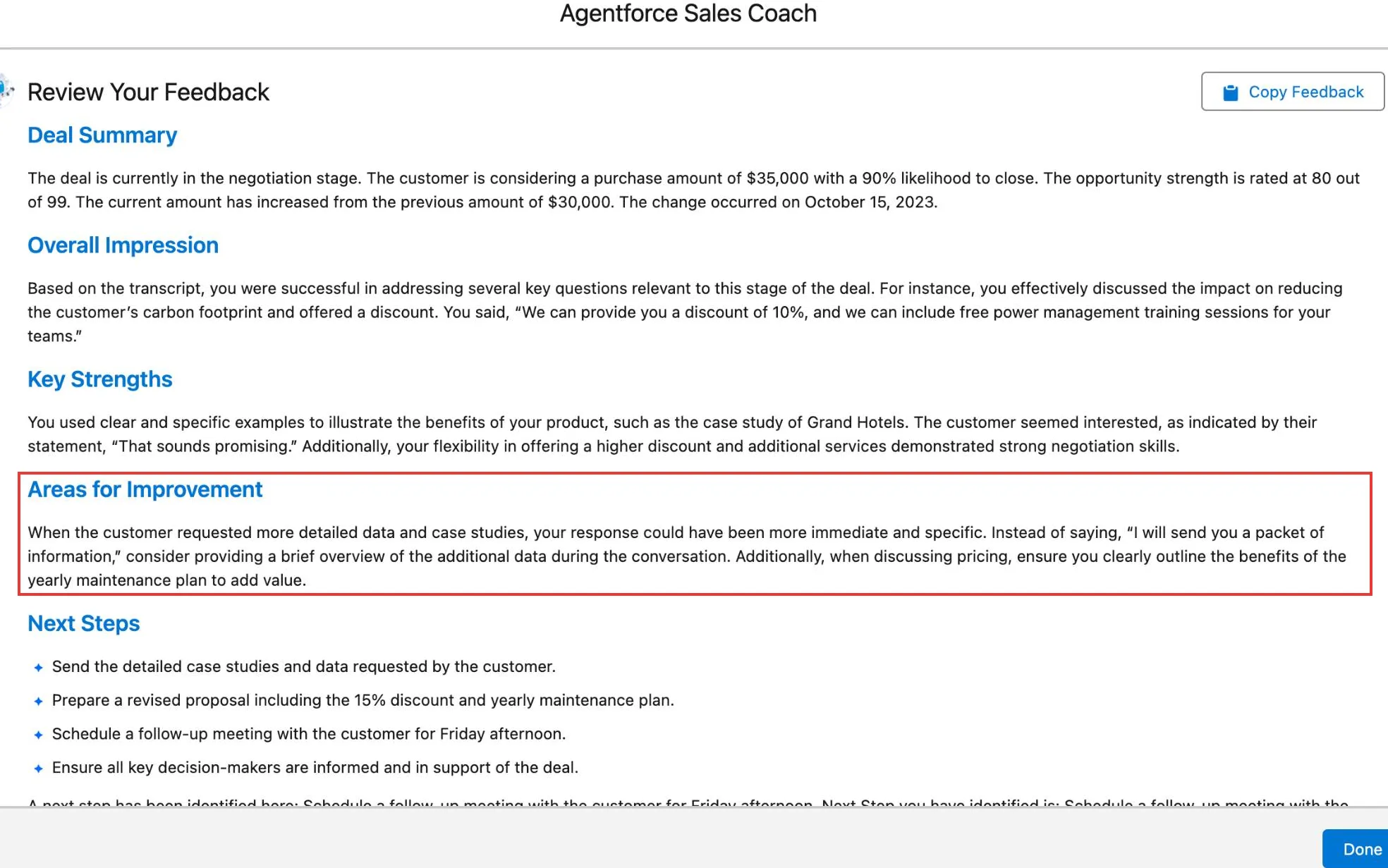 Retours de « Sales Coach » dans Salesforce Agentforce présentant les points forts et les axes d’amélioration.