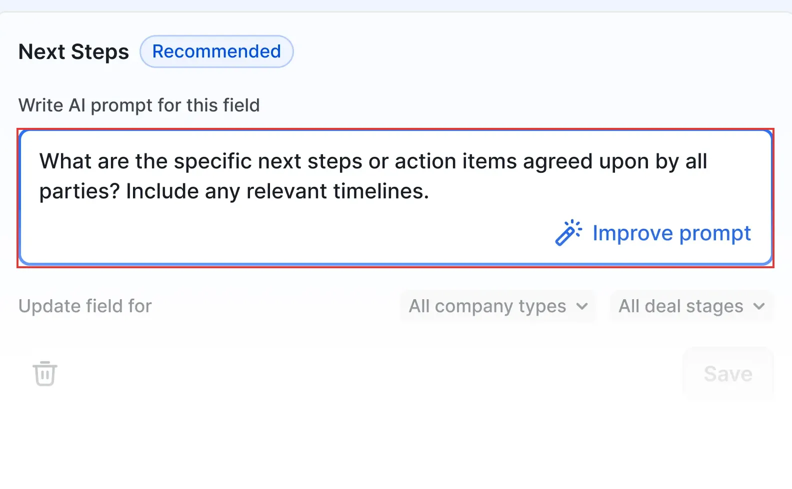 Consigne de champ dans Sybill « CRM Autofill » permettant d’extraire les prochaines étapes convenues.