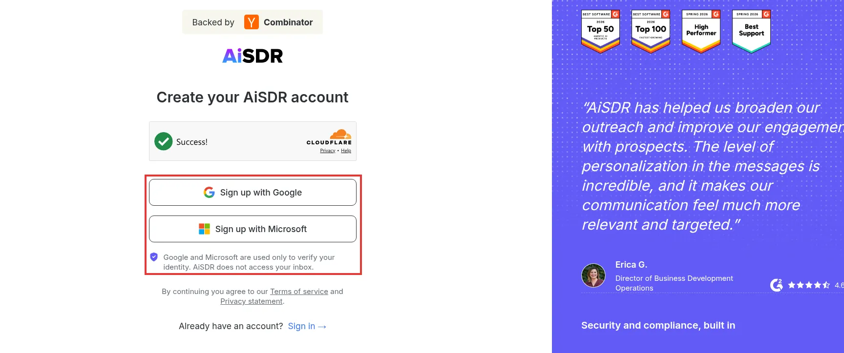 El registro de AiSDR ofrece botones de inicio de sesión con Google y Microsoft