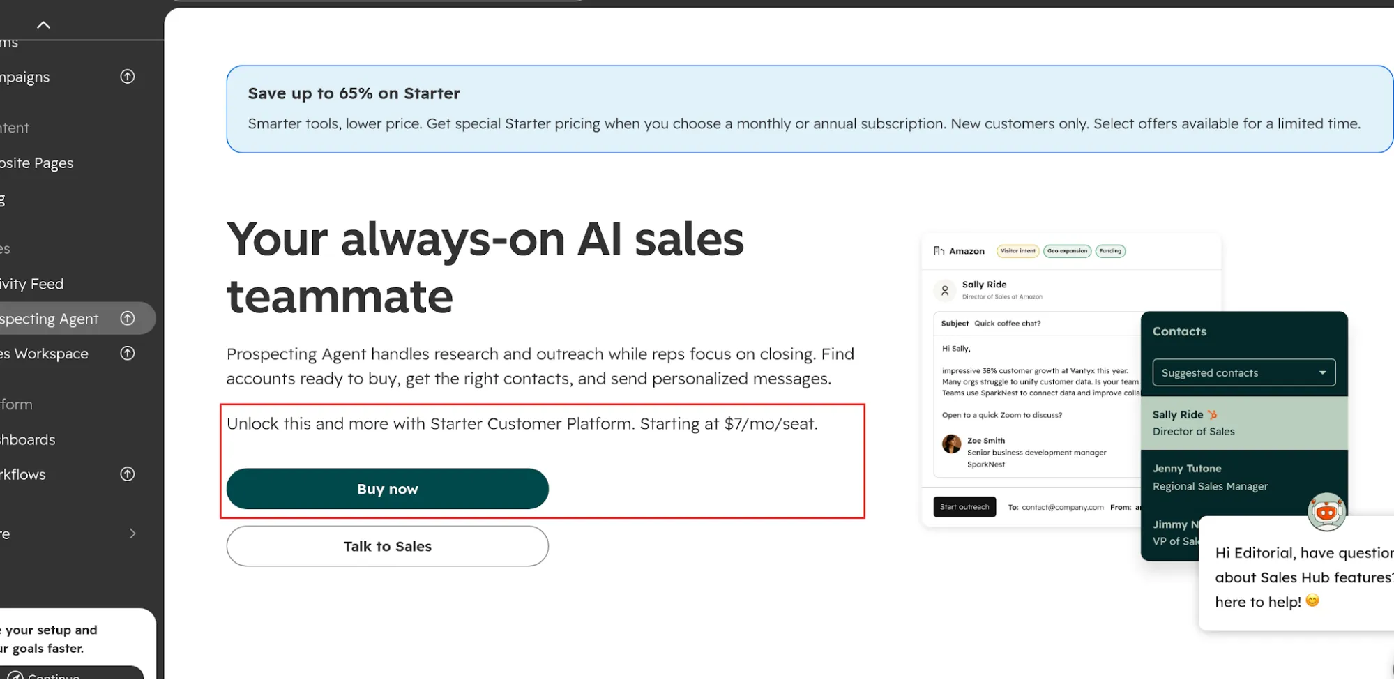 Pantalla de contratación de HubSpot Prospecting Agent con «Buy now» y «Talk to Sales»