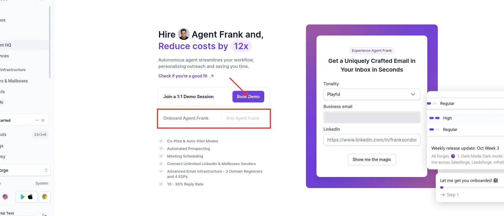 «AI Agent HQ» de Salesforge con «Add Agent Frank» desactivado y «Book Demo» disponible
