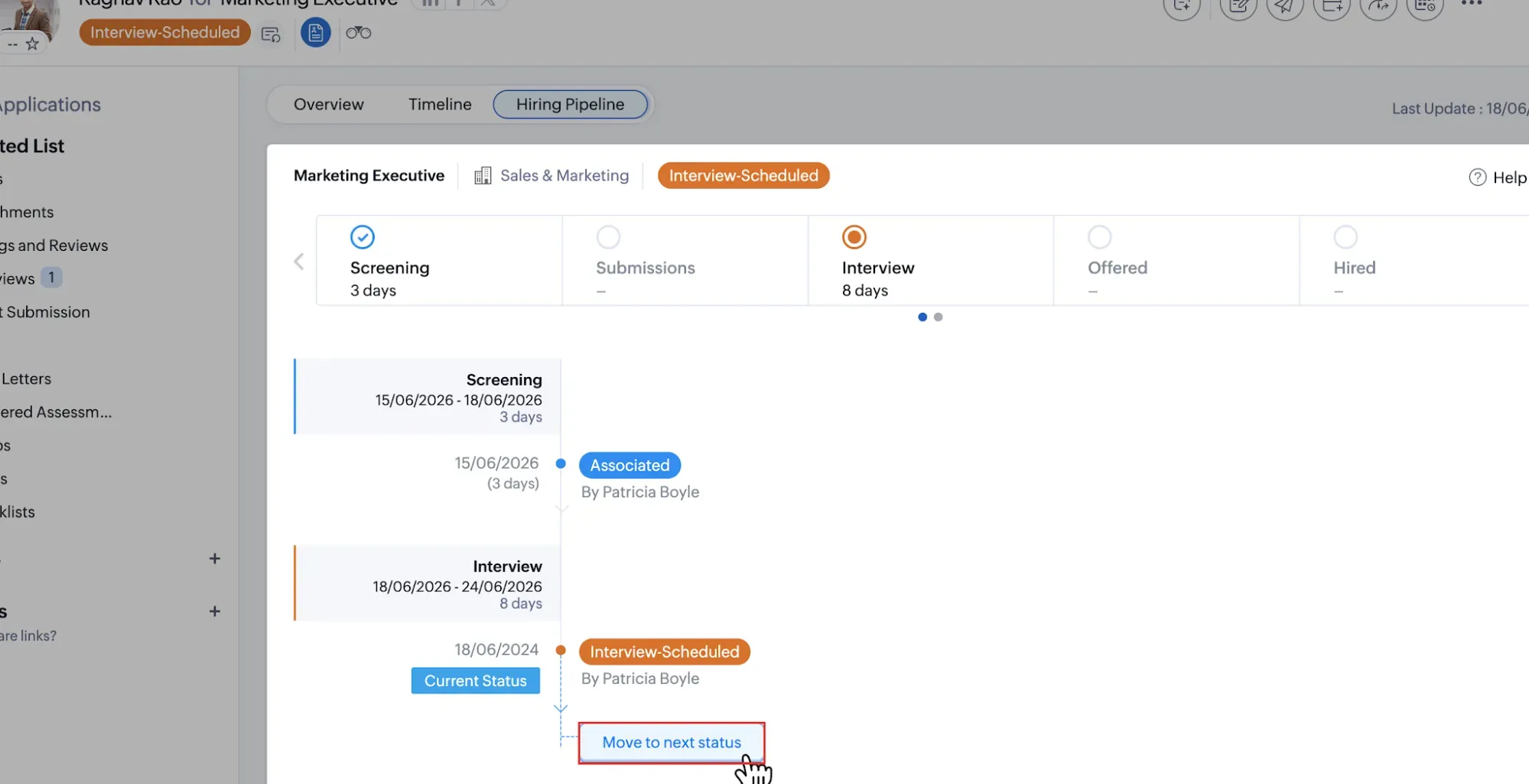 Zoho Recruit hiring pipeline with an application and Move to next status control