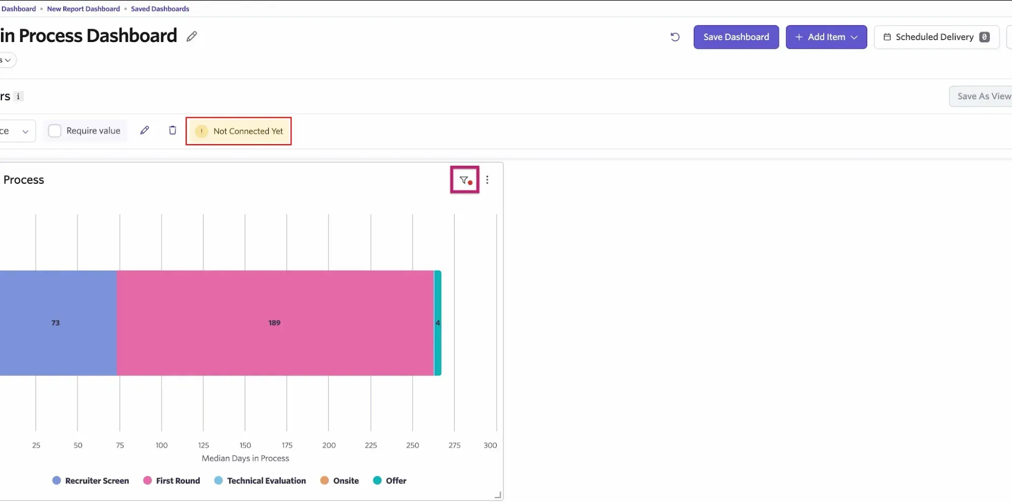 Ashby recruiting dashboard showing a filter connection indicator above a report