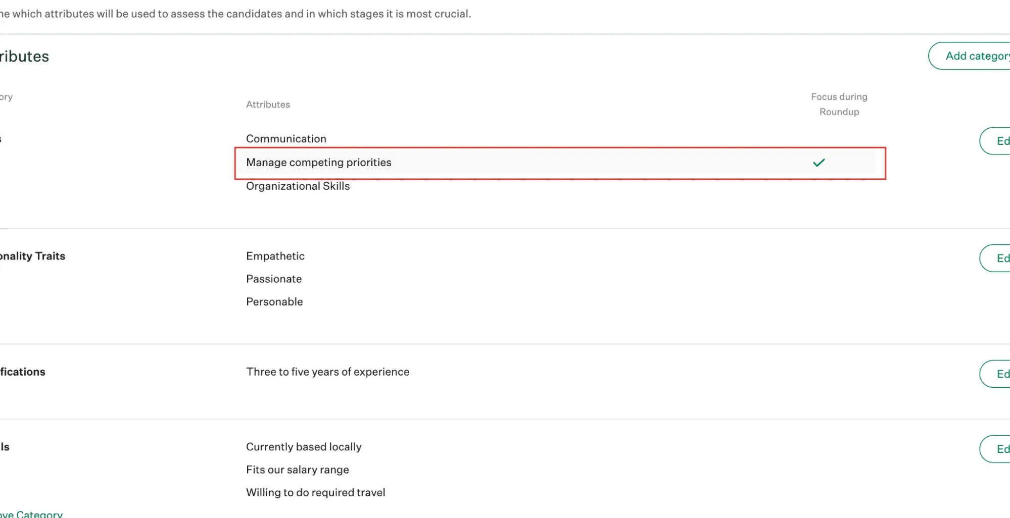 Greenhouse scorecard attributes with Manage competing priorities selected
