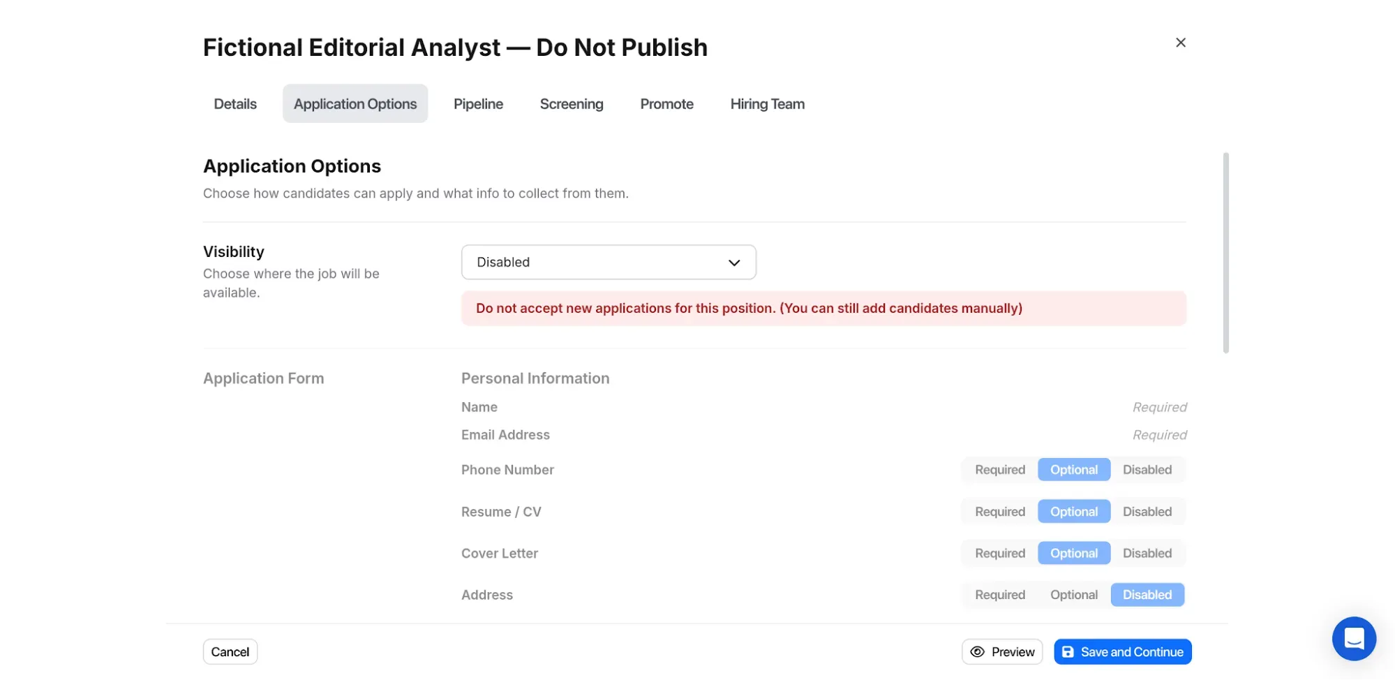 Breezy HR application options showing Disabled visibility for a fictional test position