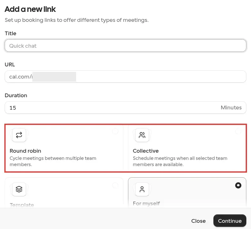 Dialog „Add a new link“ von Cal.com, in dem die Arten von Teamterminen „Round robin“ und „Collective“ hervorgehoben sind.