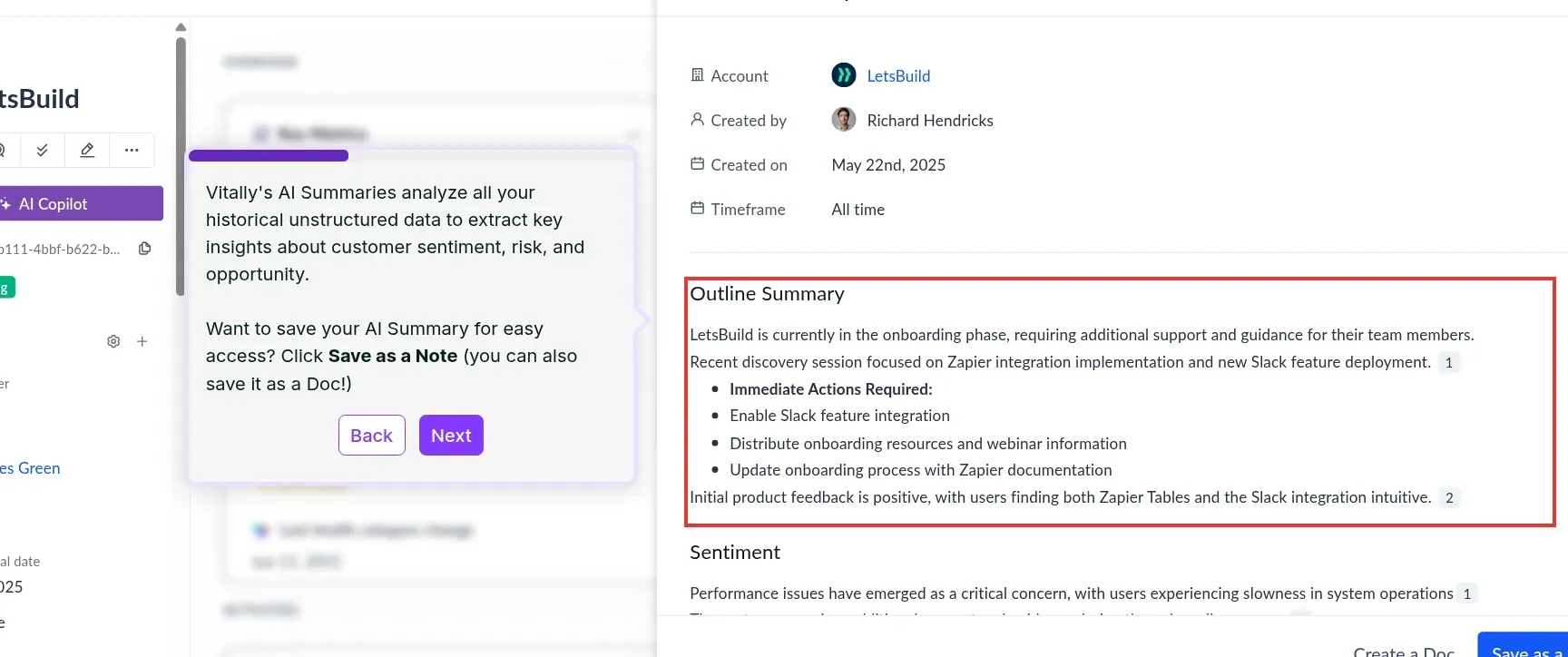 Vitally-Tour durch die Account-Zusammenfassung mit einer AI-Zusammenfassung und der Option „Save as a Note“