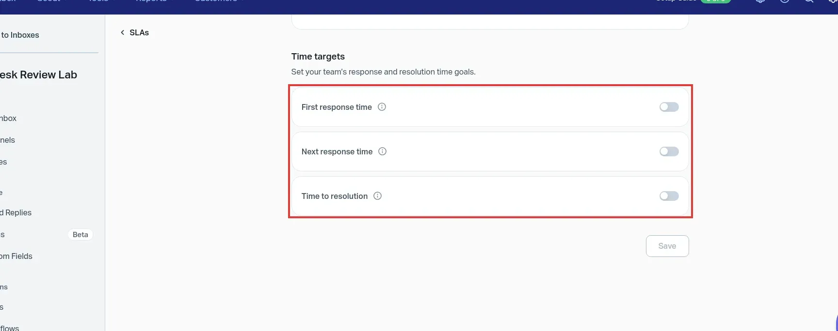 Help Scout SLA policy editor with annotated first-response, next-response and resolution targets