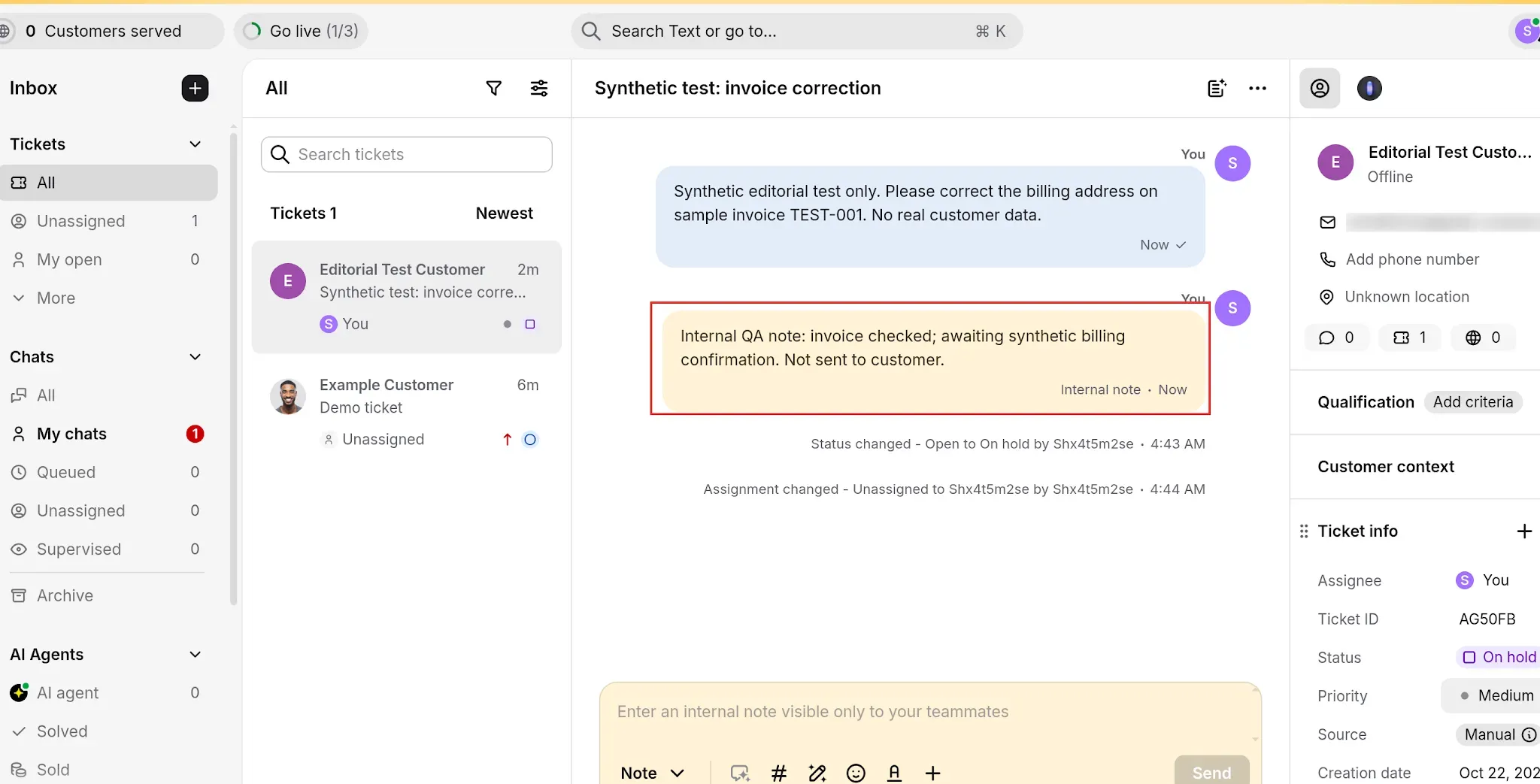 HelpDesk.com ticket thread showing an annotated internal note and activity log