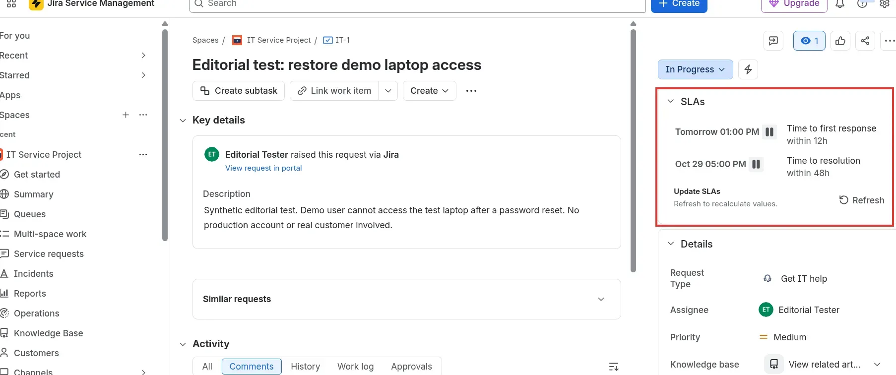 Jira Service Management Free request showing annotated first-response and resolution targets