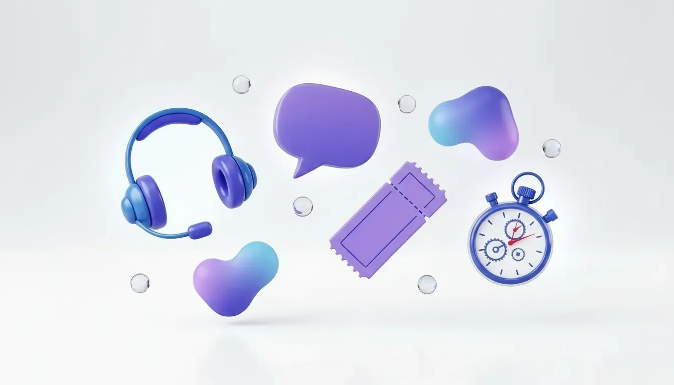 Floating blue support headset, purple ticket and glass stopwatch illustrating help desk software