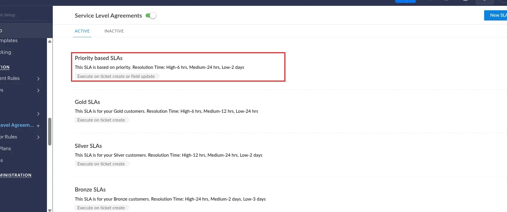 Zoho Desk Enterprise trial SLA templates with annotated priority resolution targets