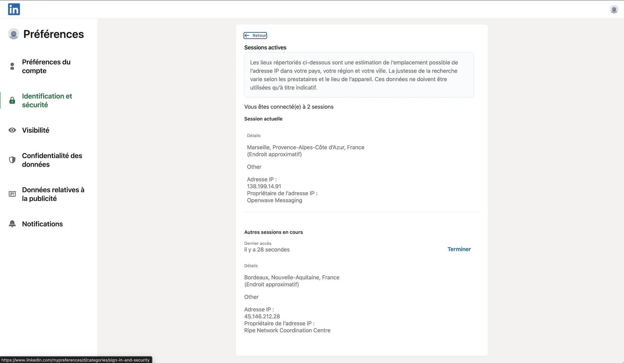 Prueba de HeyReach en la nube, junio de 2026, ubicación declarada: Francia. Vista de sesiones activas de LinkedIn que muestra la IP de sesión asignada 45.146.212.28 y Chrome en Windows para la cuenta de prueba conectada.