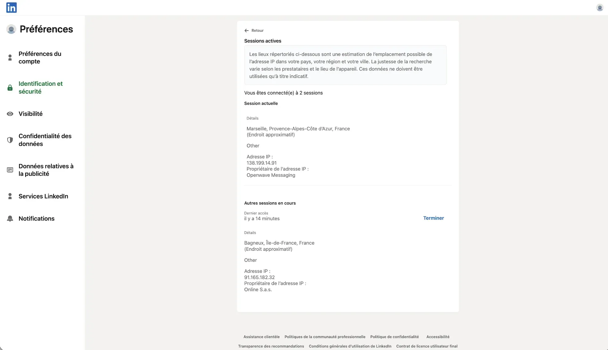 Prueba de Expandi en la nube, junio de 2026, ubicación declarada: Francia. Vista de sesiones activas de LinkedIn con la IP de sesión asignada 91.165.182.32 para la cuenta de prueba conectada.