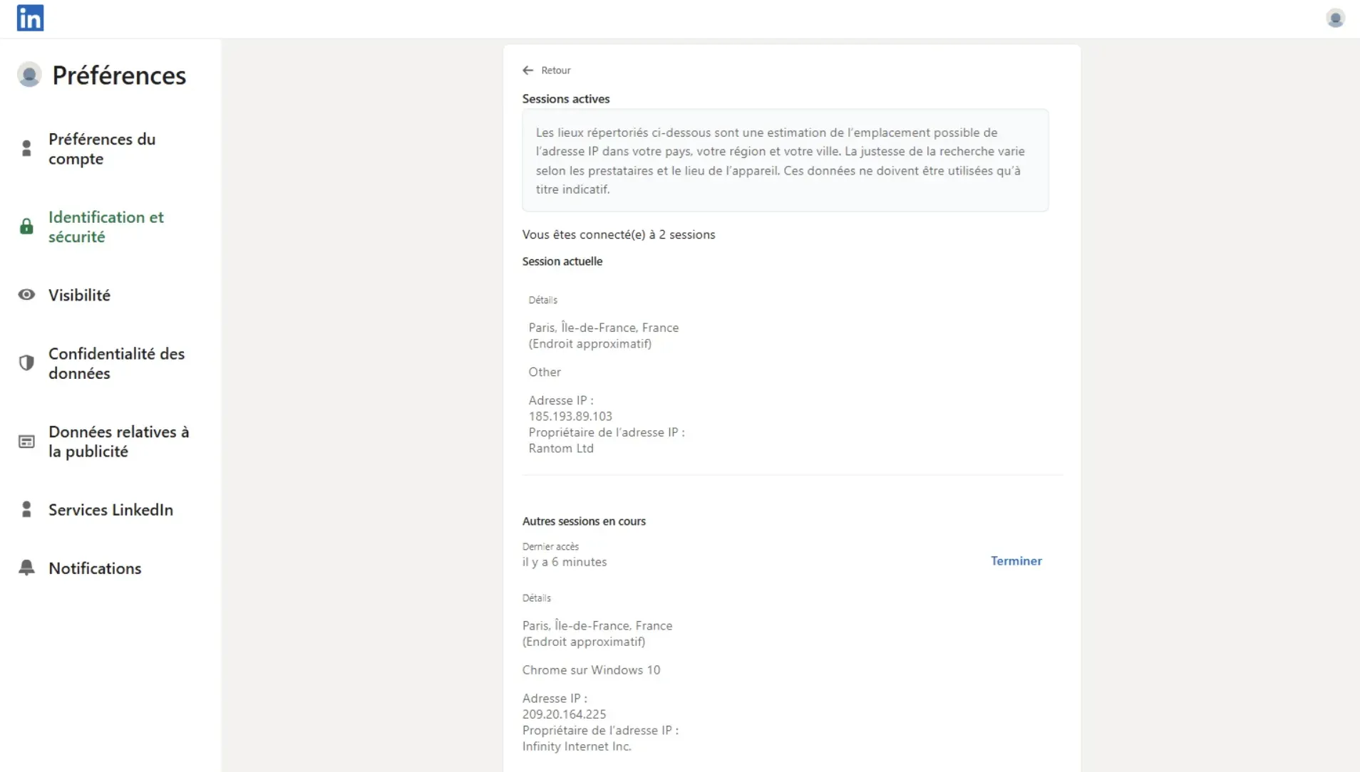 Prueba de Dripify en la nube, junio de 2026, ubicación declarada: Francia. Vista de sesiones activas de LinkedIn que muestra la IP de sesión asignada 209.20.164.225 para la cuenta de prueba conectada.