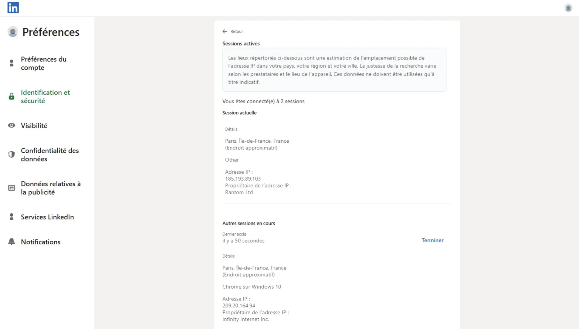 Prueba de Dripify en la nube, junio de 2026, ubicación declarada: Francia. Vista de sesiones activas de LinkedIn que muestra la IP de sesión asignada 209.20.164.94 para la segunda cuenta de prueba conectada.