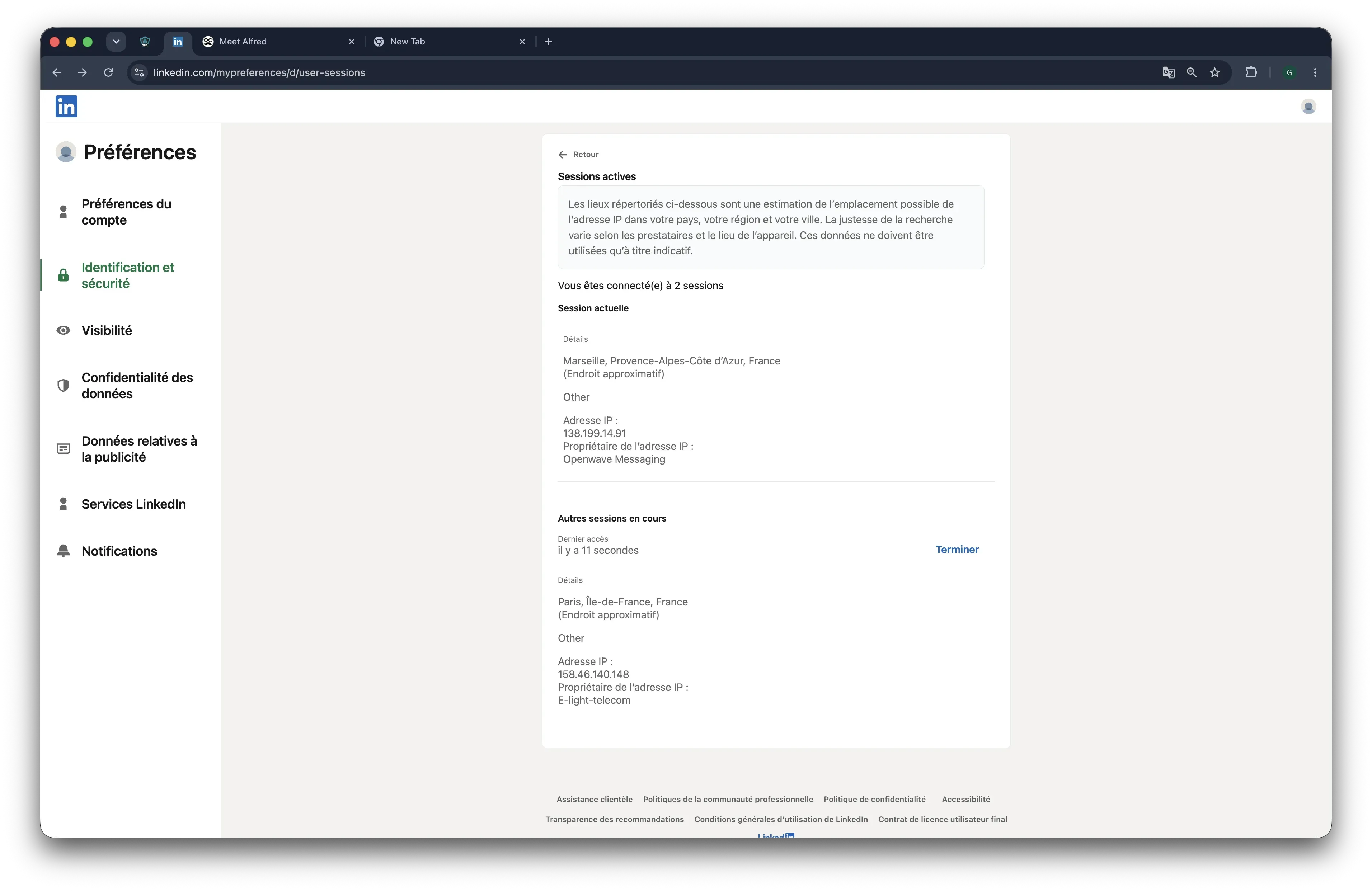 Prueba de Meet Alfred en la nube, junio de 2026, ubicación declarada: Francia. Vista de sesiones activas de LinkedIn que muestra la IP de sesión asignada 158.46.140.148 y Chrome Mobile en Android para la segunda cuenta de prueba conectada.