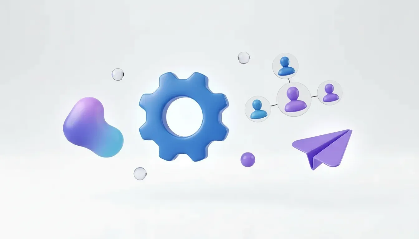 Blue automation gear, connected agency and client profile icons, and a purple paper plane representing LinkedIn outreach.