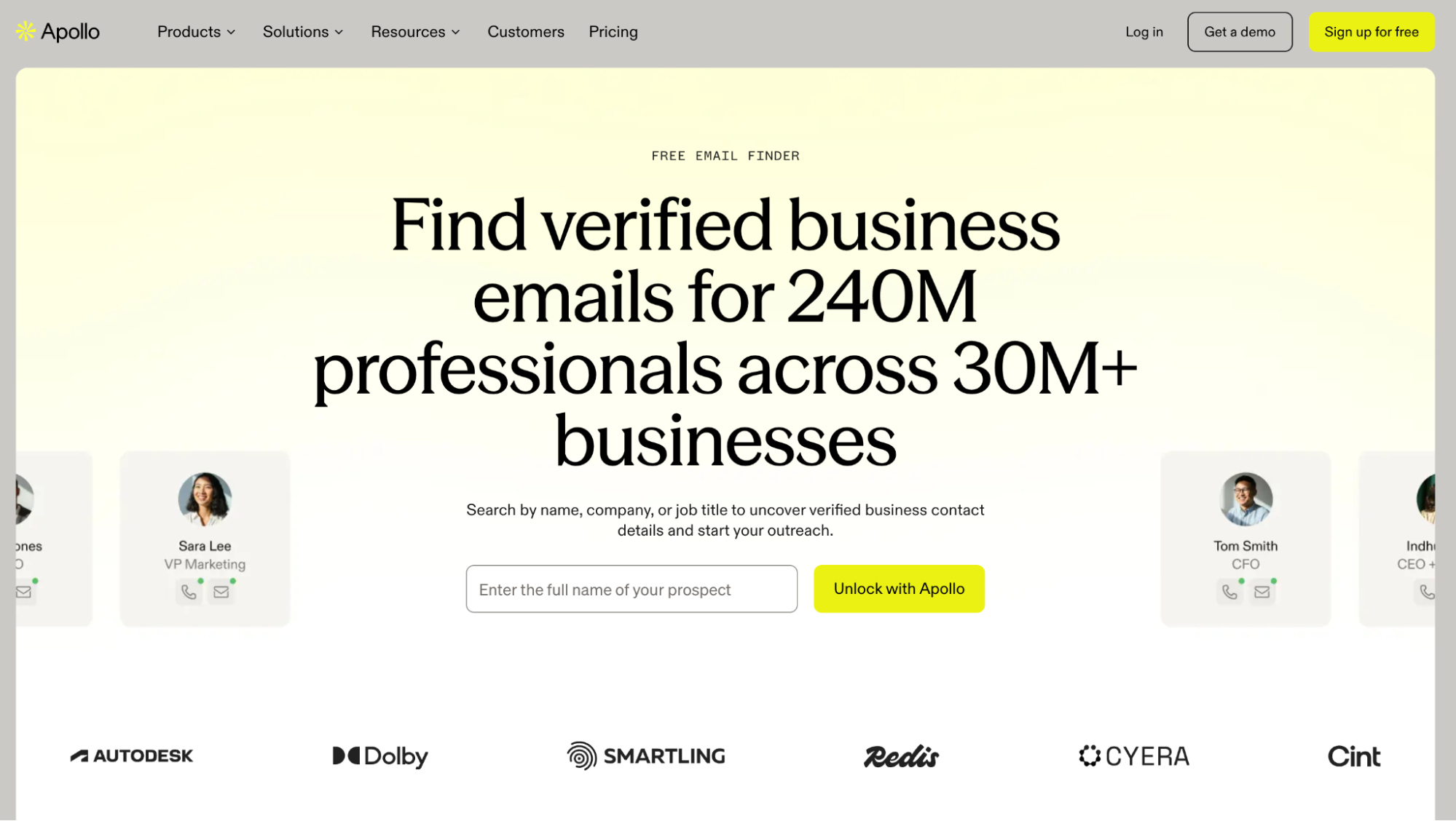 Página de inicio de Apollo que promociona correos electrónicos profesionales verificados y su base de datos de contactos.
