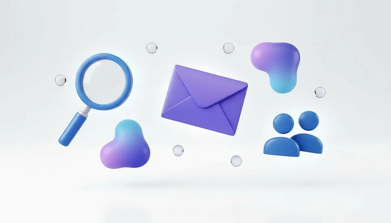 Floating magnifying glass, envelope and connected profile silhouettes illustrating email discovery.