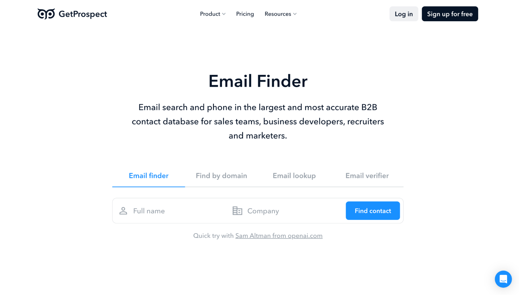Página «Email Finder» de GetProspect con una búsqueda por nombre y dominio.