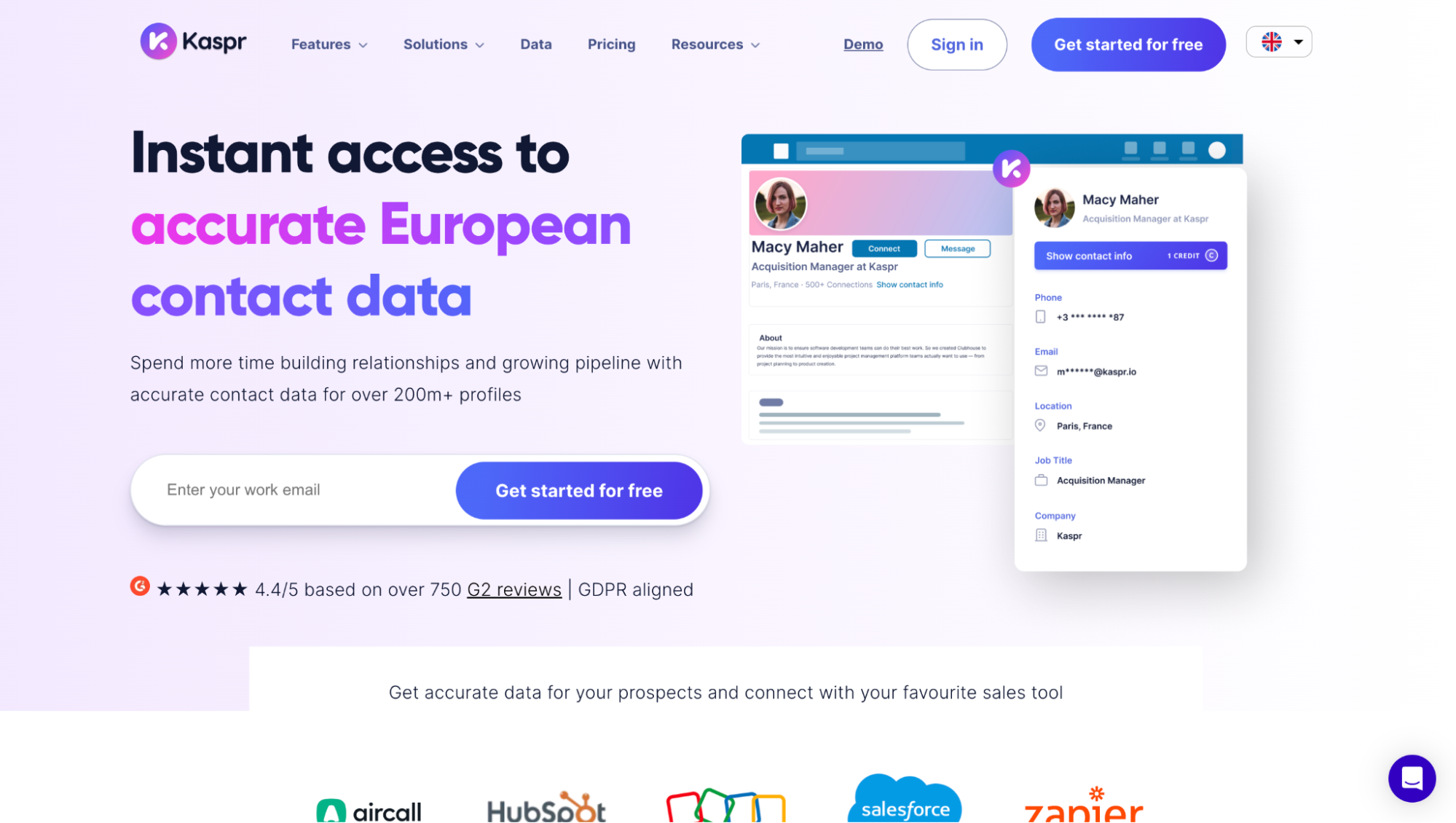Página de inicio de Kaspr con su extensión europea de datos de contacto.