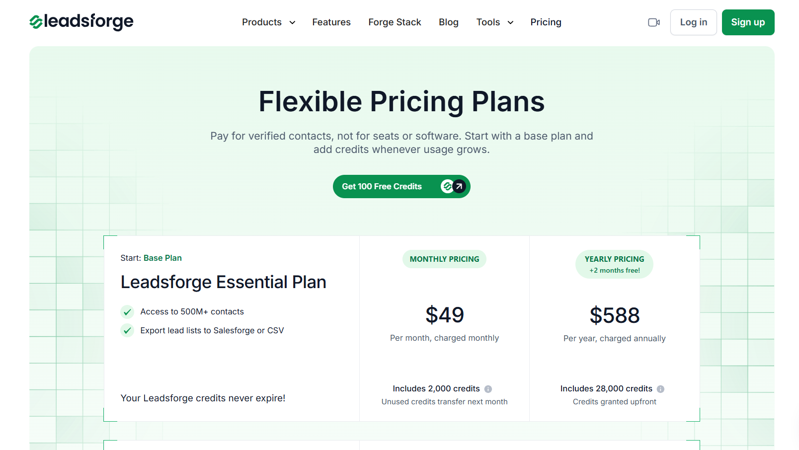Página de precios de Leadsforge con el plan Essential.