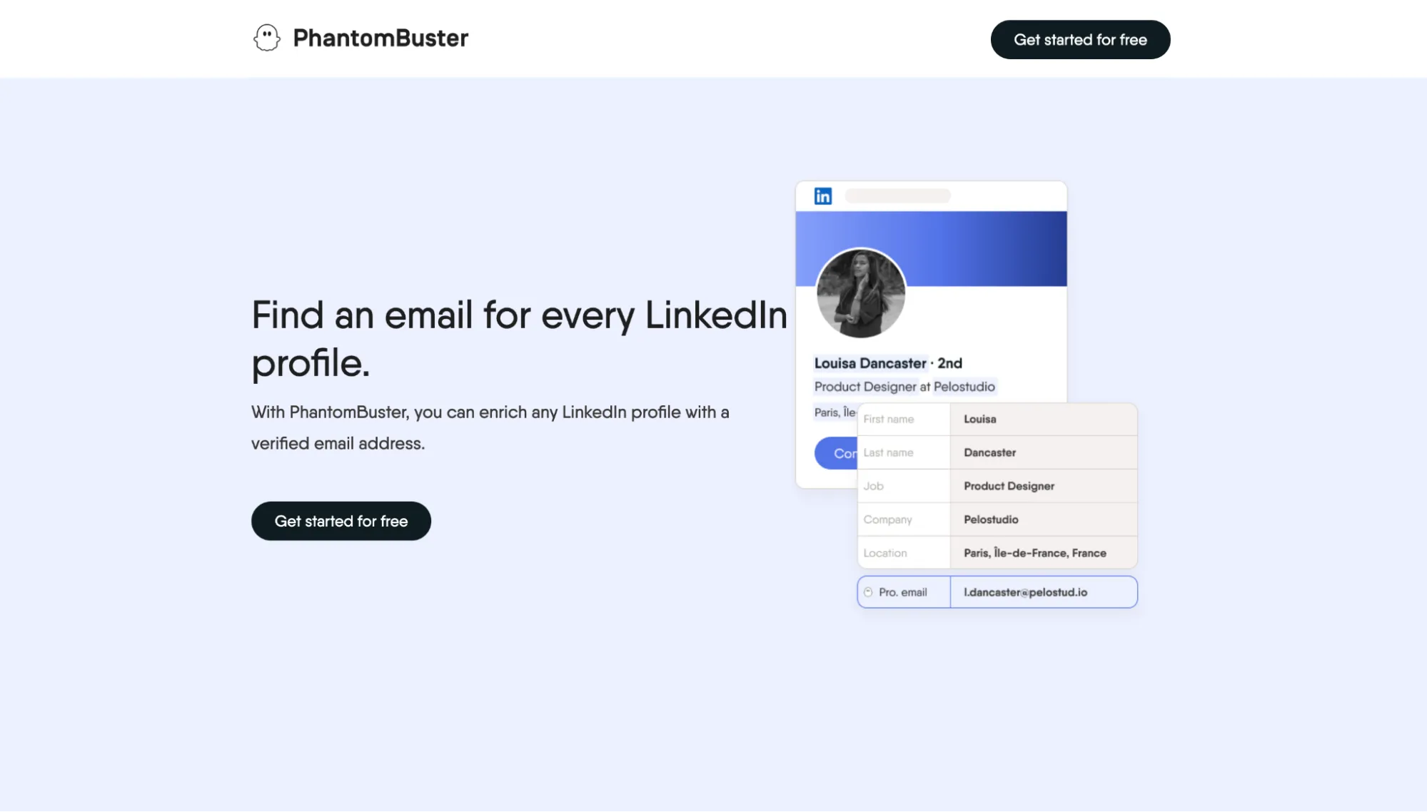 Página de PhantomBuster que presenta la búsqueda de correos electrónicos para perfiles de LinkedIn.